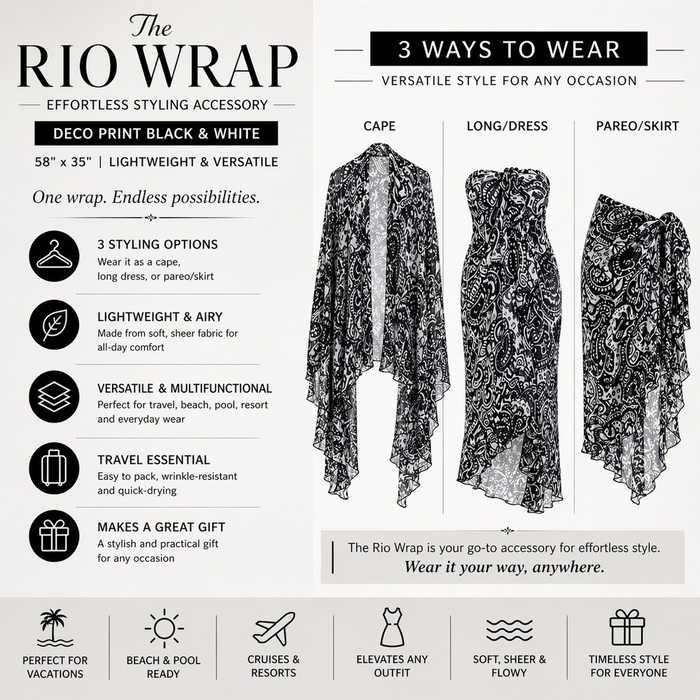The Rio Wrap Multi-Way Deco Print Black White Cape Dress Skirt A231196 NWT